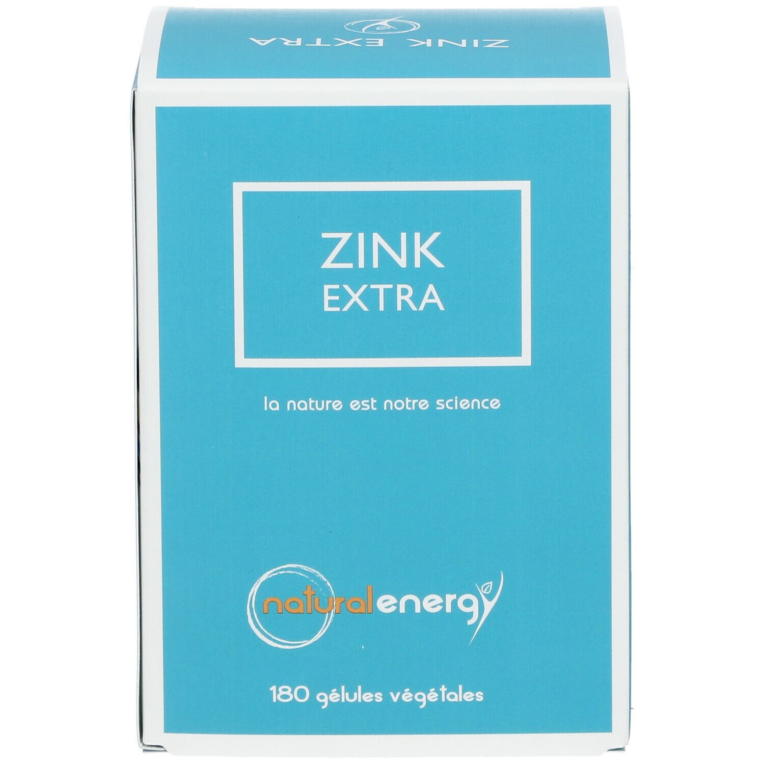 Turquoise en witte doos met tekst "ZINK EXTRA". Logo "natural energy". 180 gélules végétales.