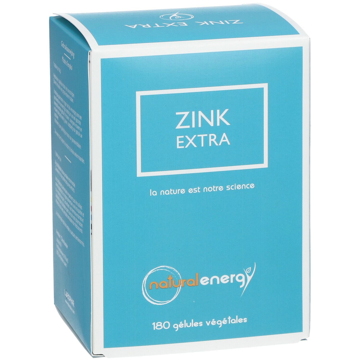 Turquoise en witte doos met tekst "ZINK EXTRA". Logo "natural energy". 180 gélules végétales.