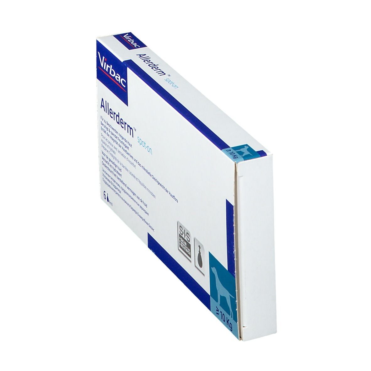 Virbac Allerderm spot-on verpakking, schuin. Blauwe en witte doos met logo en tekst. Voor honden > 10 Kg.