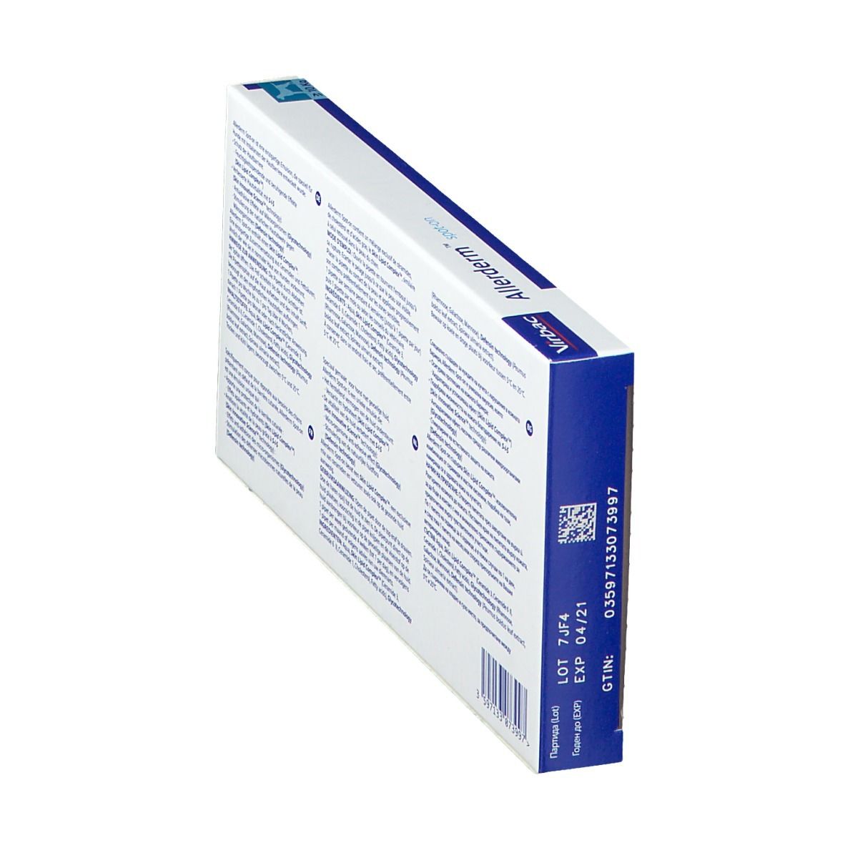 Achterkant van de Virbac Allerderm spot-on verpakking, schuin. Tekst en barcode. Bevat productinfo.
