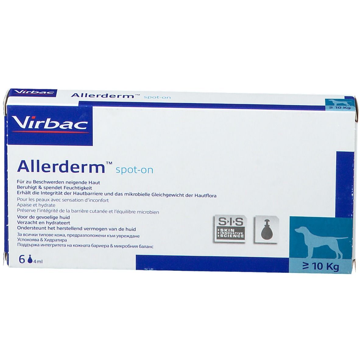 Virbac Allerderm spot-on verpakking. Blauwe en witte doos met productinfo en logo. Voor honden > 10 Kg.