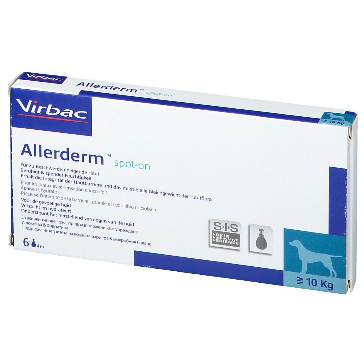 Virbac Allerderm spot-on verpakking. Blauwe en witte doos met productinfo en logo. Voor honden > 10 Kg.