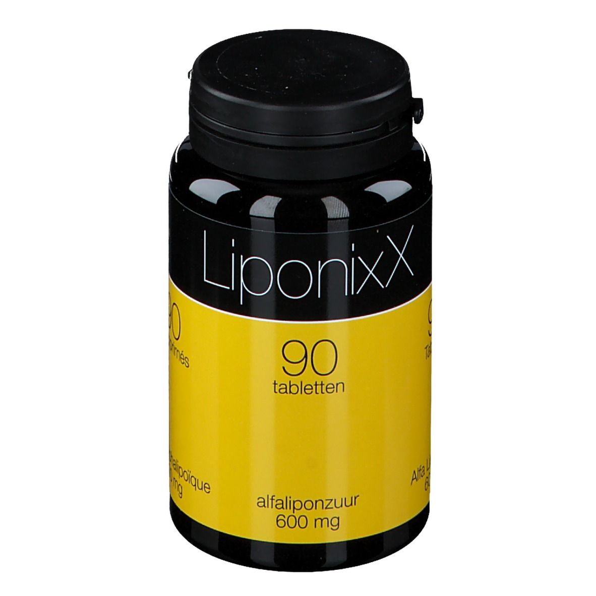 Flacon noir avec étiquette jaune. Inscription: Liponixx, 90 comprimés, acide alphalipoïque 600 mg.