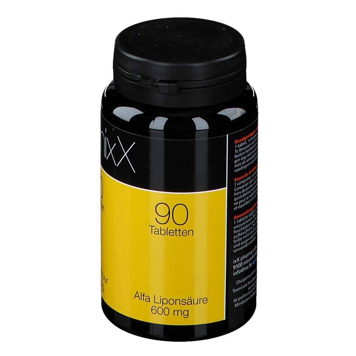 Flacon noir avec étiquette jaune. Inscription: Liponixx, 90 comprimés, acide alpha-lipoïque 600 mg.
