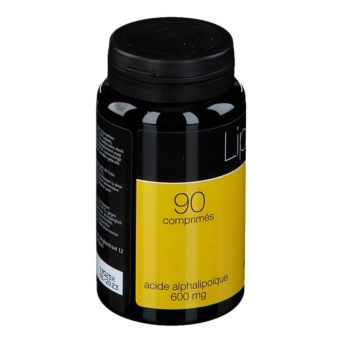 Flacon noir avec étiquette jaune. Inscription: Liponixx, 90 comprimés, acide alpha-lipoïque 600 mg.