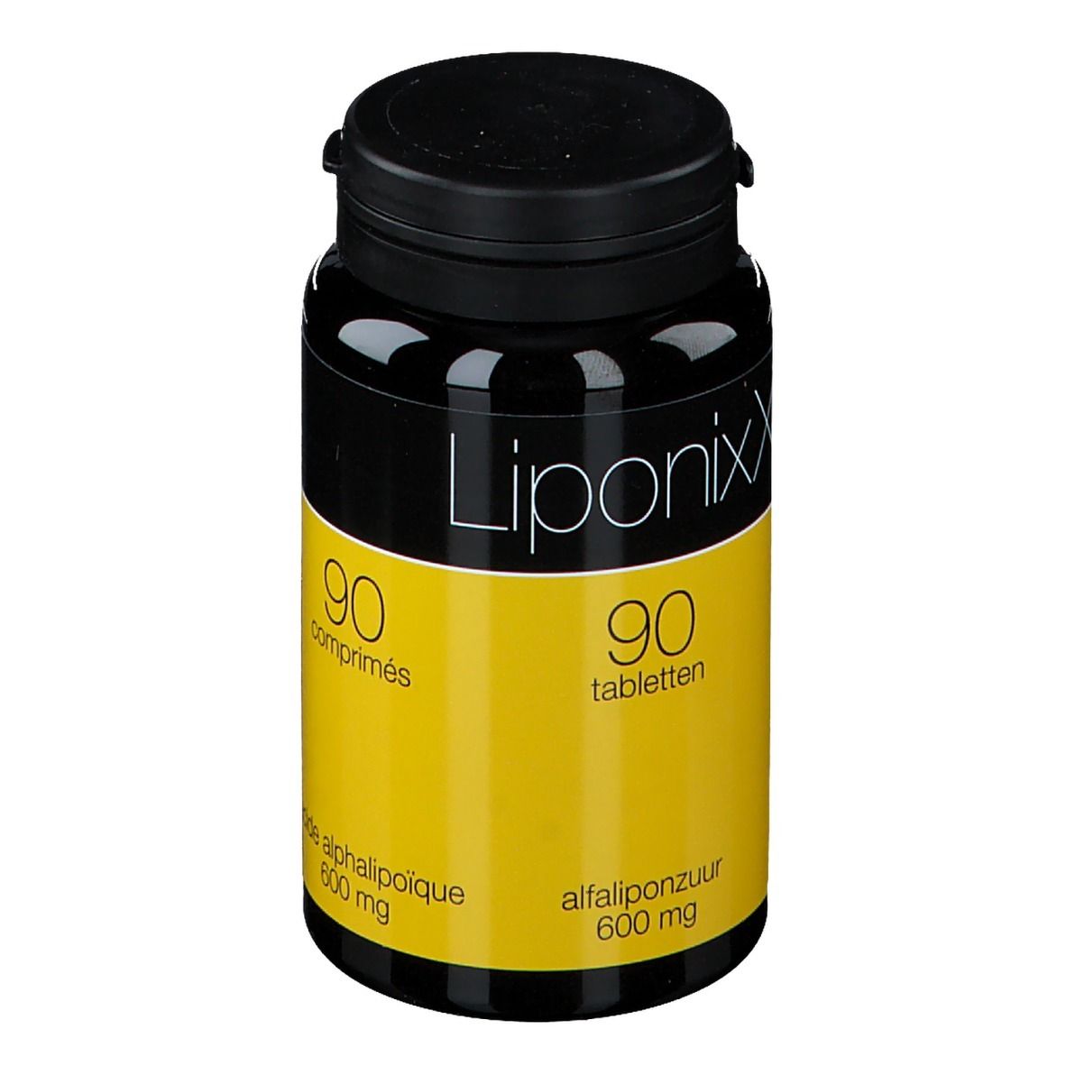 Deux flacons avec étiquette jaune. Inscription: Liponixx, 90 comprimés, acide alpha-lipoïque 600 mg, 90 comprimés, alfaliponzuur 600 mg.