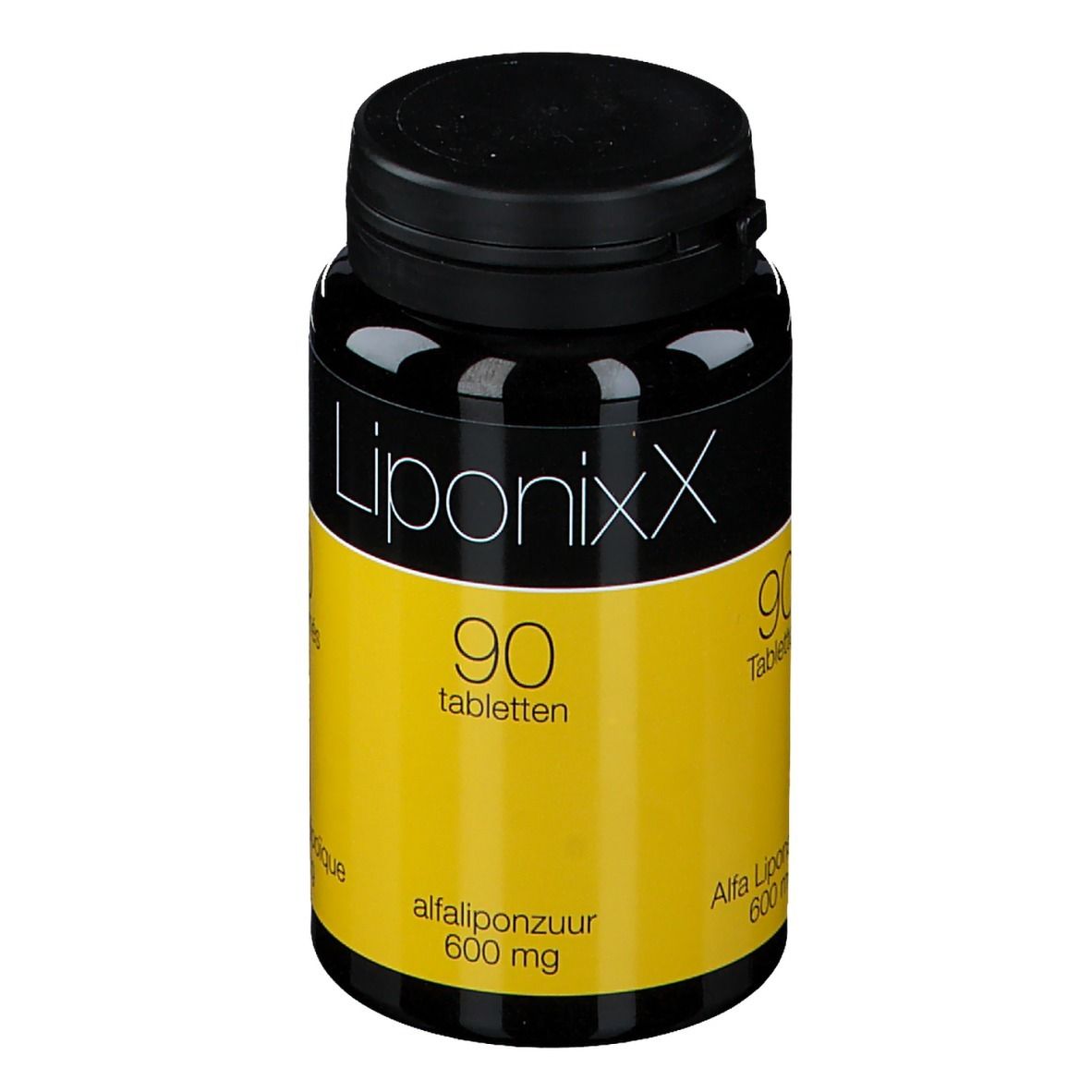 Flacon noir avec étiquette jaune. Inscription: Liponixx, 90 comprimés, alfaliponzuur 600 mg, Alfa Liponzuur 600 mg.