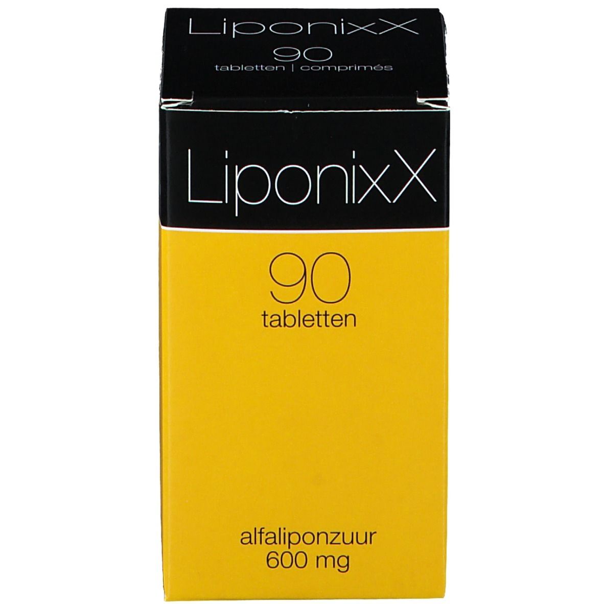 Boîte jaune avec couvercle noir. Inscription: Liponixx, 90 comprimés, alfaliponzuur 600 mg.