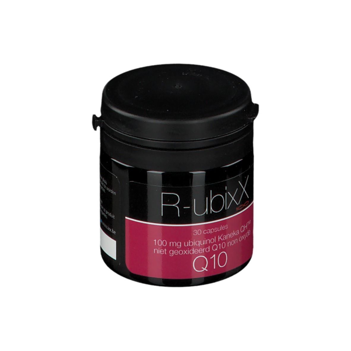 Zwarte pot met zwart deksel. Opschrift R-ubixX, Q10. Rode strook met tekst: 30 capsules, 100 mg ubiquinol.