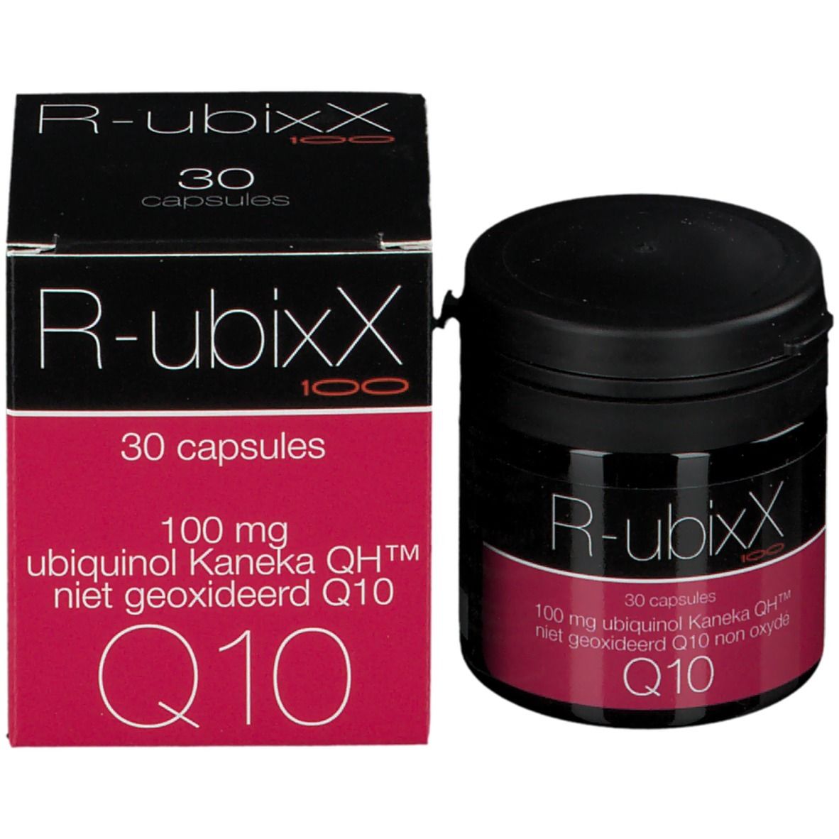 Zwarte pot en doos. Opschrift R-ubixX, Q10. Rode strook met tekst: 30 capsules, 100 mg ubiquinol.
