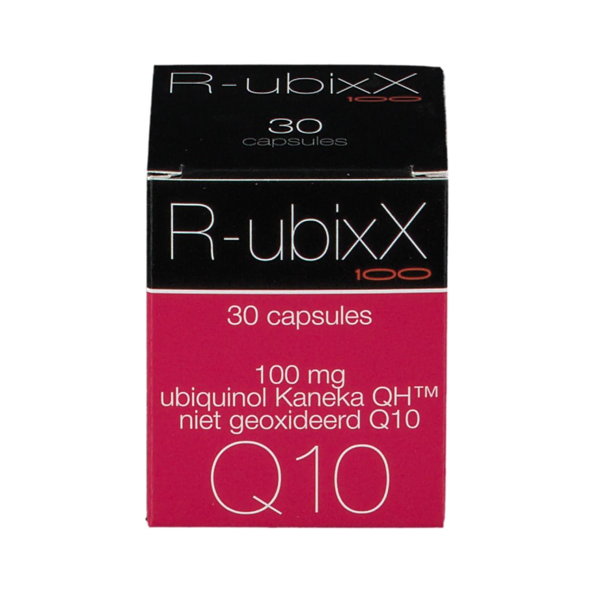 Doos met opschrift R-ubixX, Q10. Rode strook met tekst: 30 capsules, 100 mg ubiquinol.