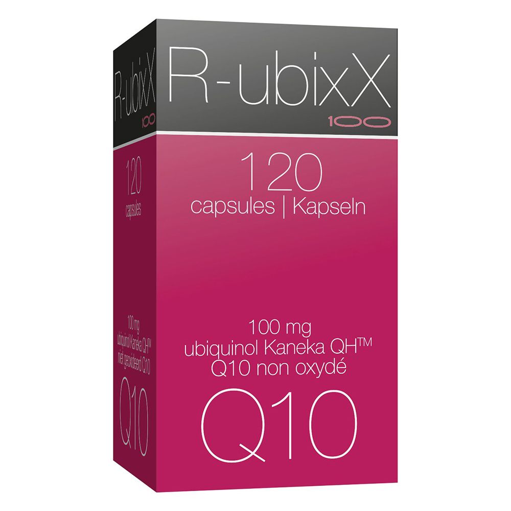 Emballage du produit. Inscription: R-ubixx, 120 capsules, Q10.