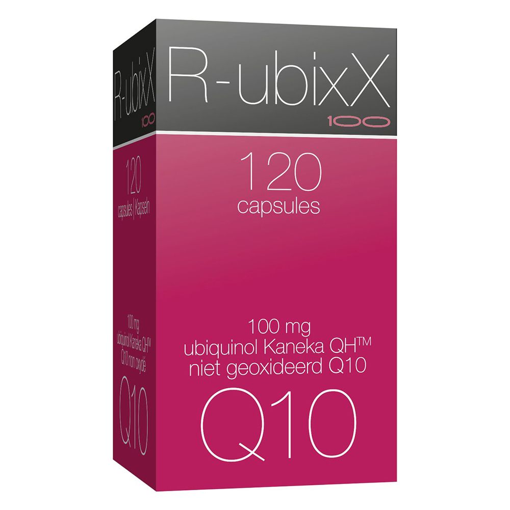 Productverpakking. Opschrift: R-ubixx, 120 capsules, Q10.