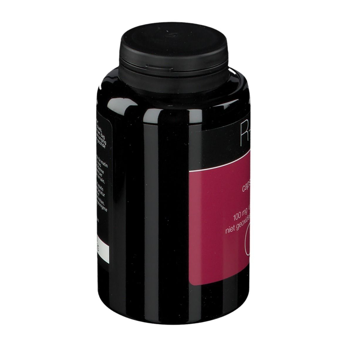 Flacon noir avec étiquette rouge. Inscription: R-ubixx, Q10.