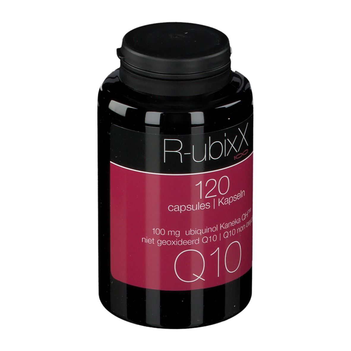Flacon noir avec étiquette rouge. Inscription: R-ubixx, 120 capsules, Q10.