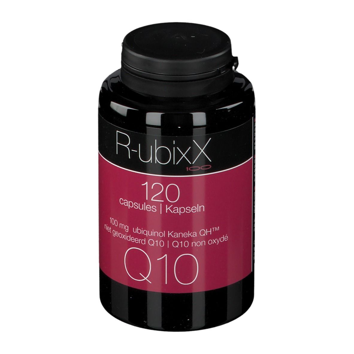 Flacon noir avec étiquette rouge. Inscription: R-ubixx, 120 capsules, Q10.
