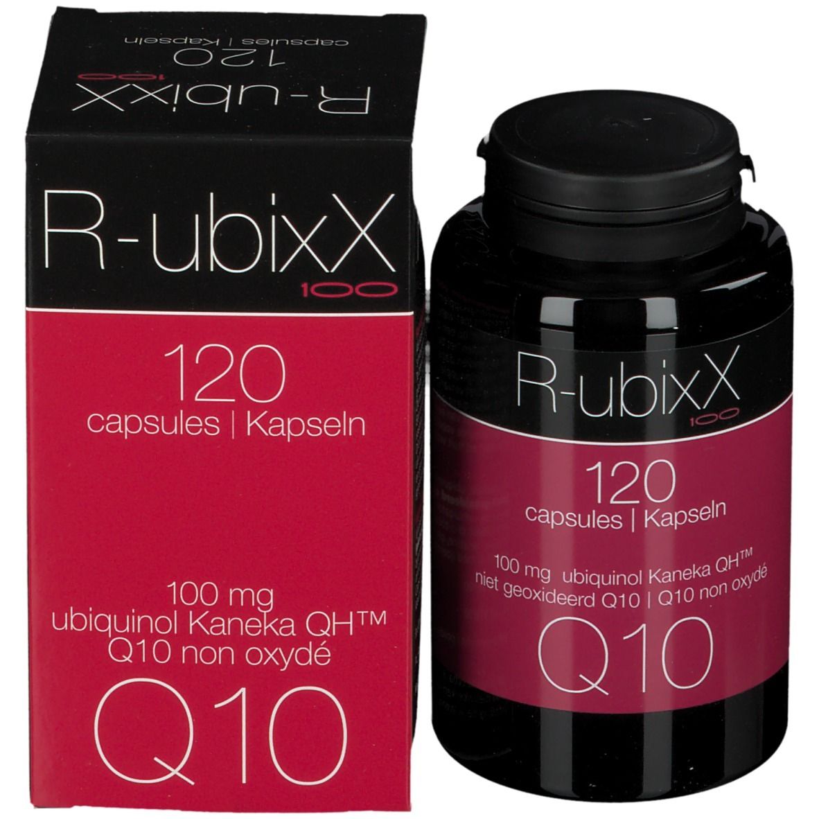 Emballage du produit avec flacon. Inscription: R-ubixx, 120 capsules, Q10.