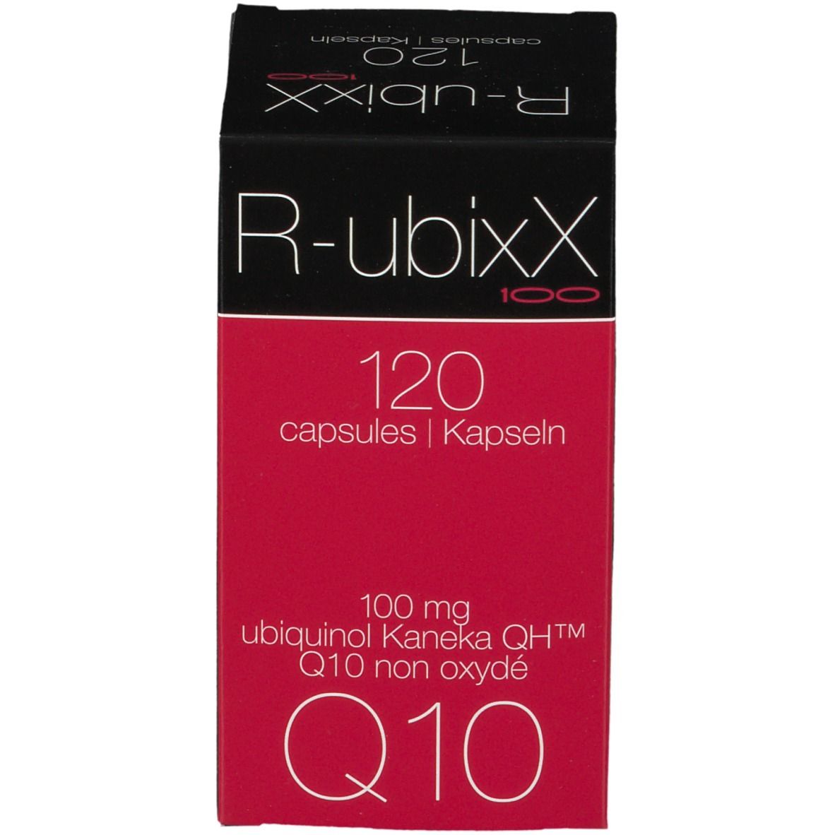 Emballage du produit. Inscription: R-ubixx, 120 capsules, Q10.