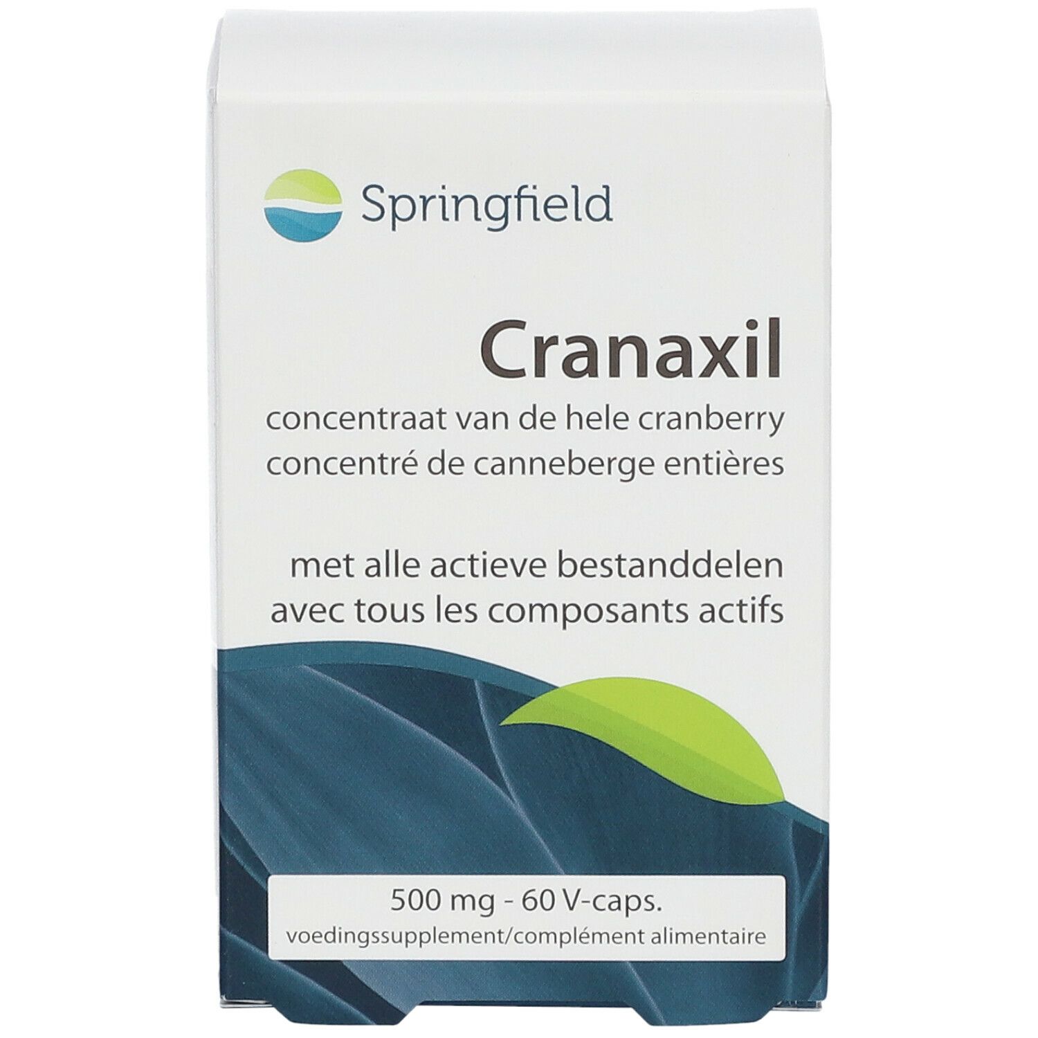 Weiße Schachtel mit Springfield-Logo und Cranaxil-Schriftzug. Enthält 500 mg Cranberry-Konzentrat, 60 Kapseln.