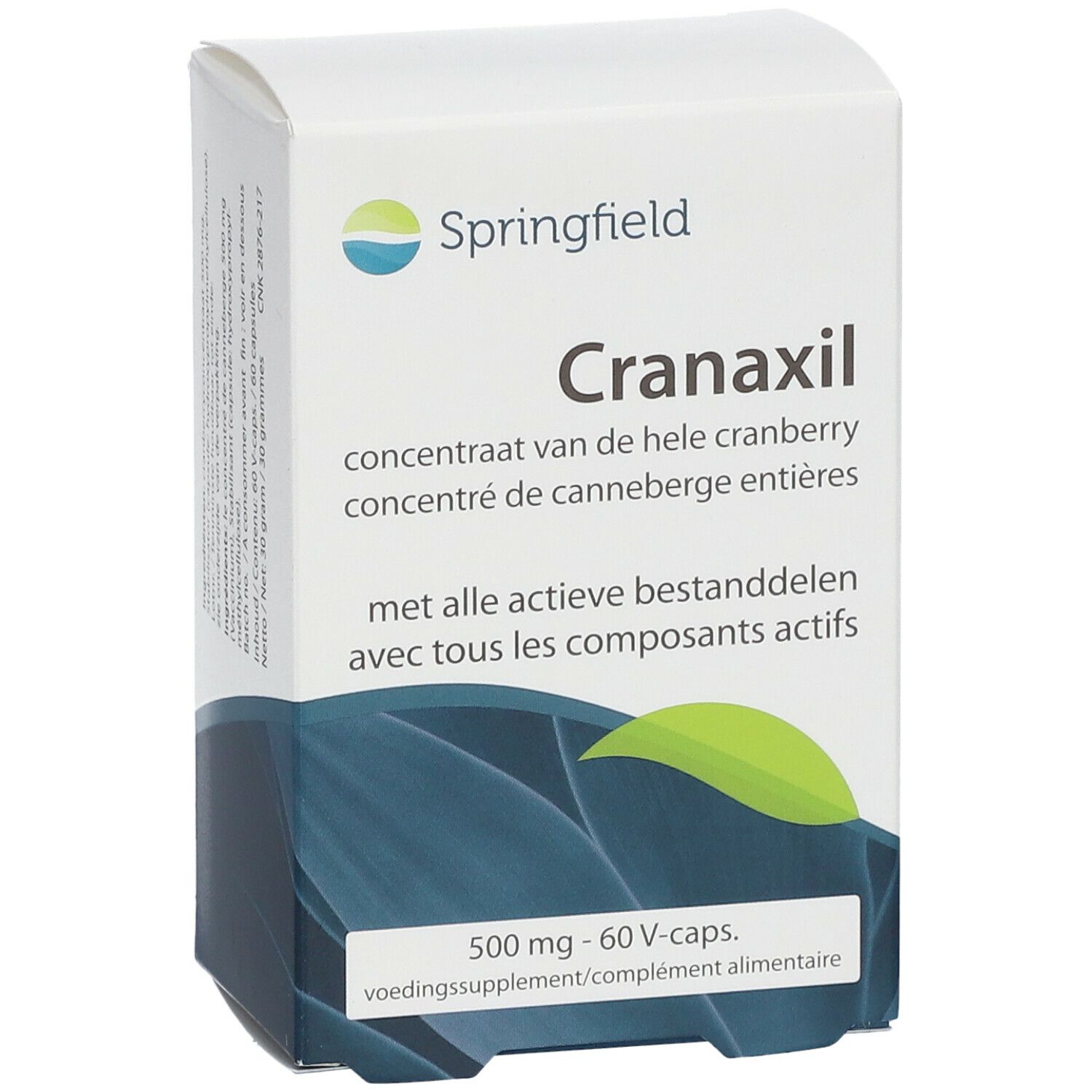 Weiße Schachtel mit Springfield-Logo und Cranaxil-Schriftzug. Enthält 500 mg Cranberry-Konzentrat, 60 Kapseln.