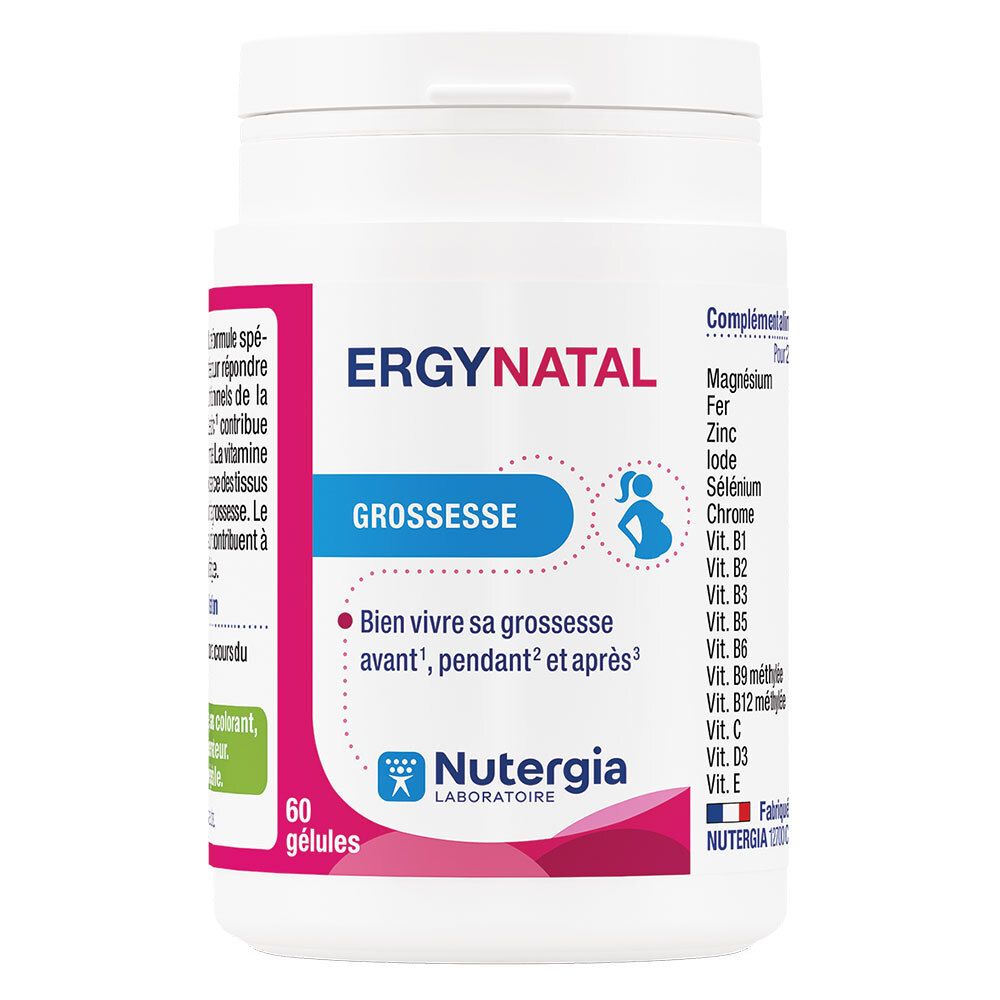 Witte Ergynatal fles. Opschrift: Ergynatal, Grossesse, 60 capsules. Merk Nutergia. Bevat vitaminen.