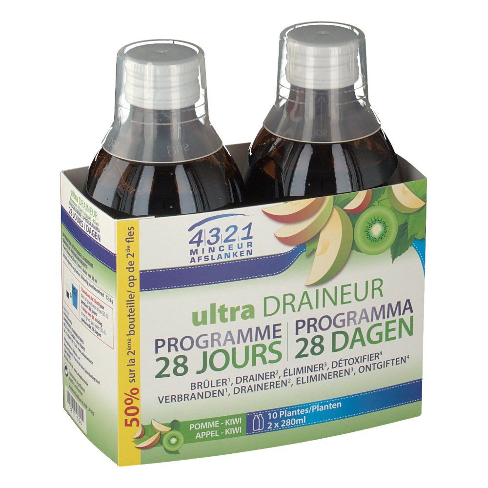 Deux bouteilles dans un emballage. Inscription : 4321 Minceur Ultra Draineur. Programme 28 jours. Pomme-Kiwi.