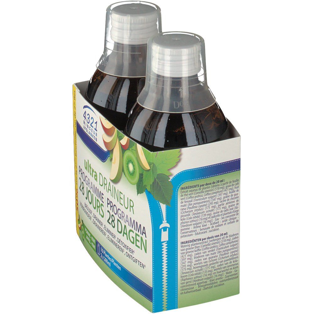 Deux bouteilles dans un emballage. Inscription : 4321 Minceur Ultra Draineur. Programme 28 jours. Vue détaillée.