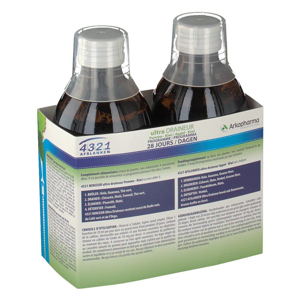 Deux bouteilles dans un emballage. Inscription : 4321 Minceur Ultra Draineur. Programme 28 jours. Dos avec ingrédients.
