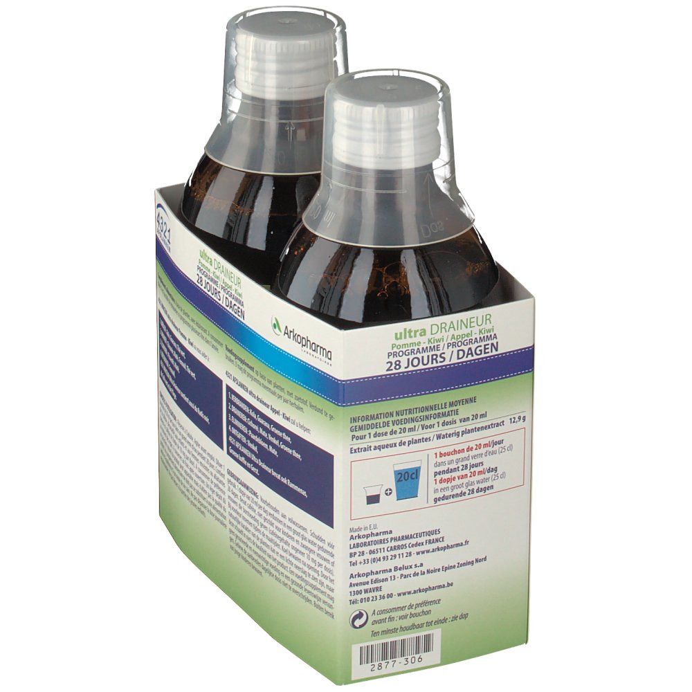 Deux bouteilles dans un emballage. Inscription : 4321 Minceur Ultra Draineur. Programme 28 jours. Dos avec informations nutritionnelles.