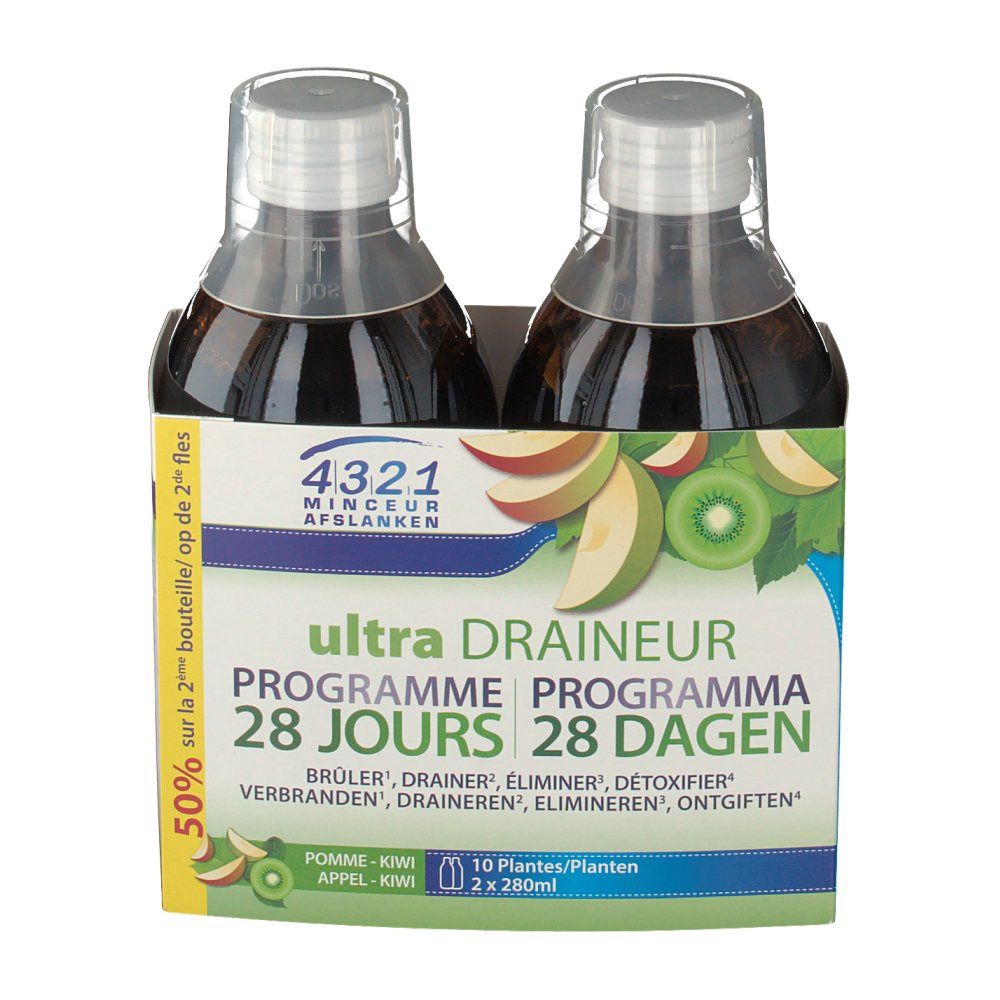 Deux bouteilles dans un emballage. Inscription : 4321 Minceur Ultra Draineur. Programme 28 jours. Pomme-Kiwi.