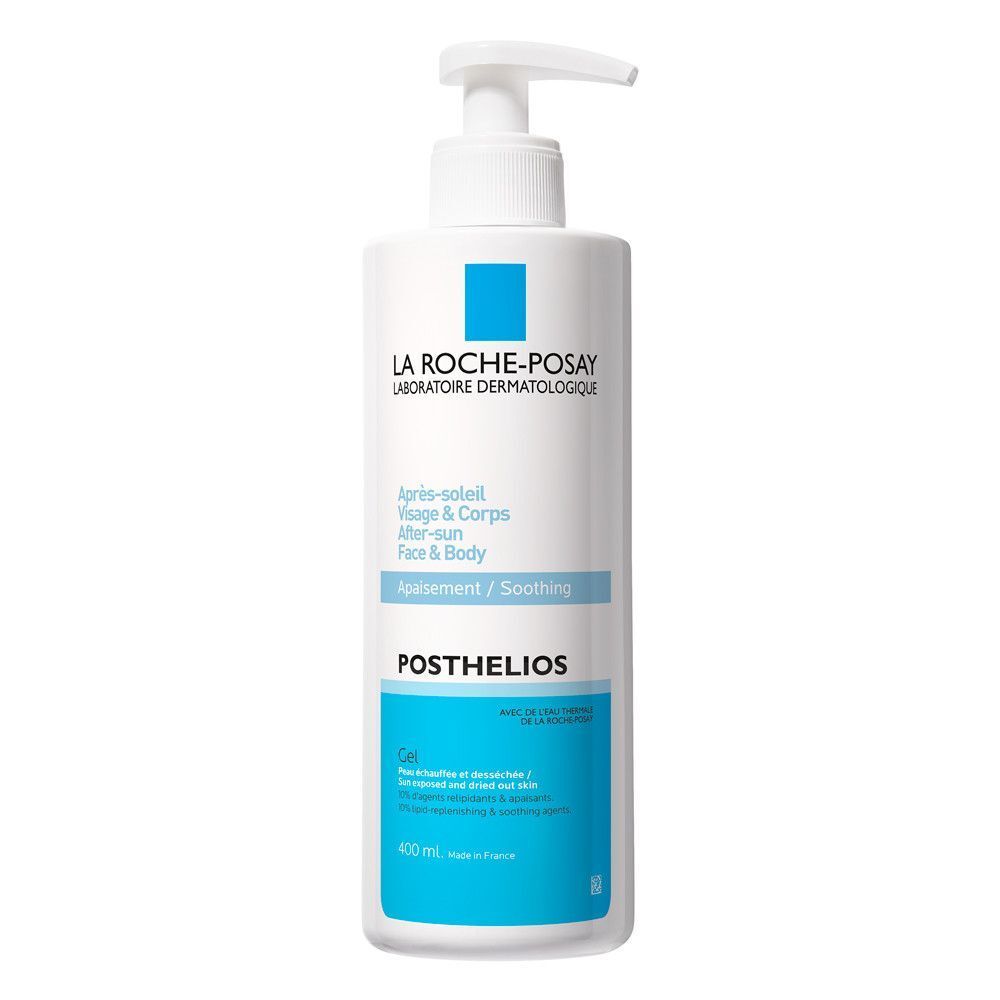 La Roche-Posay Posthelios Gel. Witte fles met pomp. Blauwe accenten. Tekst: Après-soleil, Posthelios Gel.