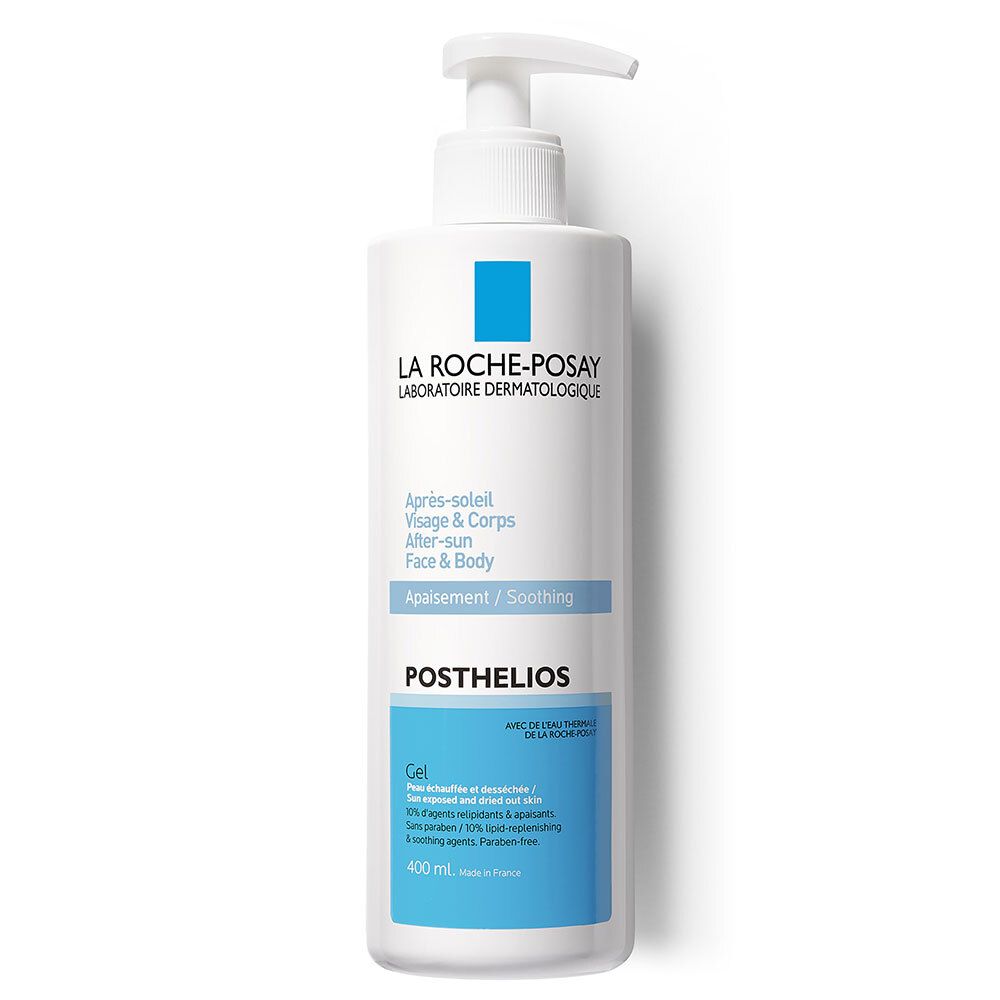 La Roche-Posay Posthelios After-Sun Gel. Witte fles met pomp. Blauwe accenten. Tekst: Après-soleil, Posthelios Gel.