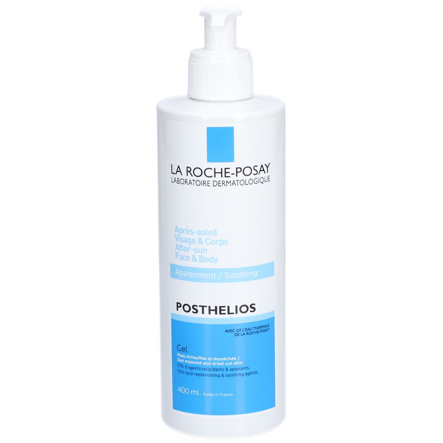 La Roche-Posay Posthelios Gel. Witte fles met pomp. Blauwe accenten. Tekst: Après-soleil, Posthelios Gel.
