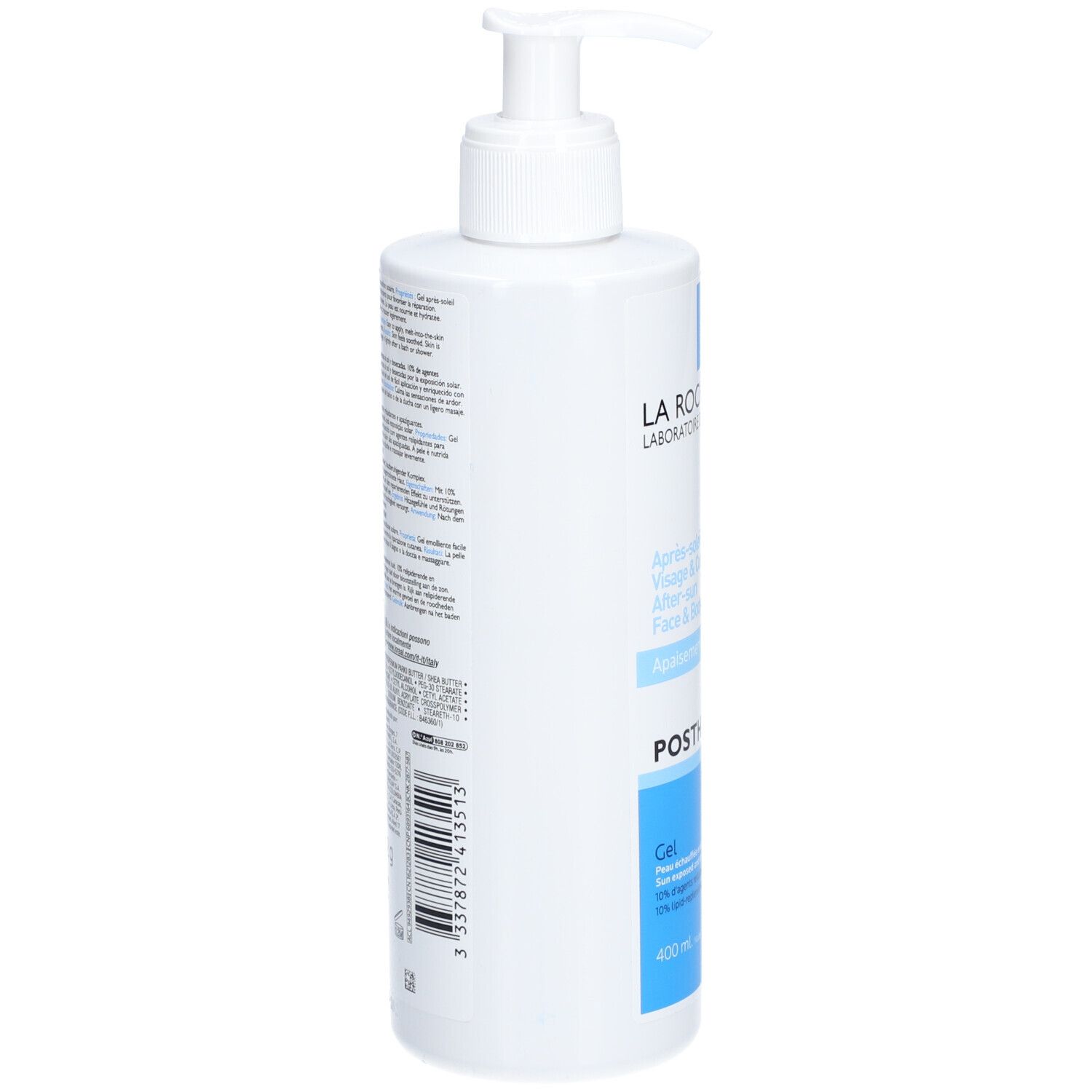 Achterkant van de La Roche-Posay Posthelios gel fles. Meertalige tekst. Streepjescode.