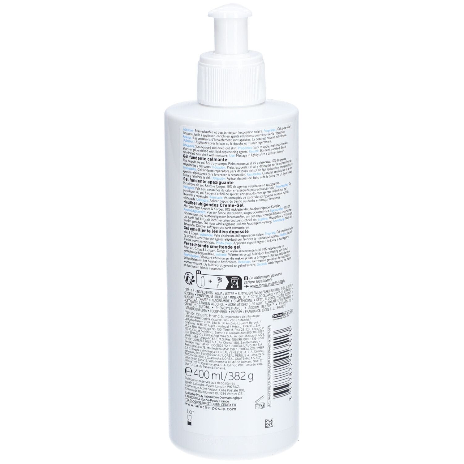 Achterkant van de La Roche-Posay Posthelios gel fles. Tekst en annotaties. 400 ml.