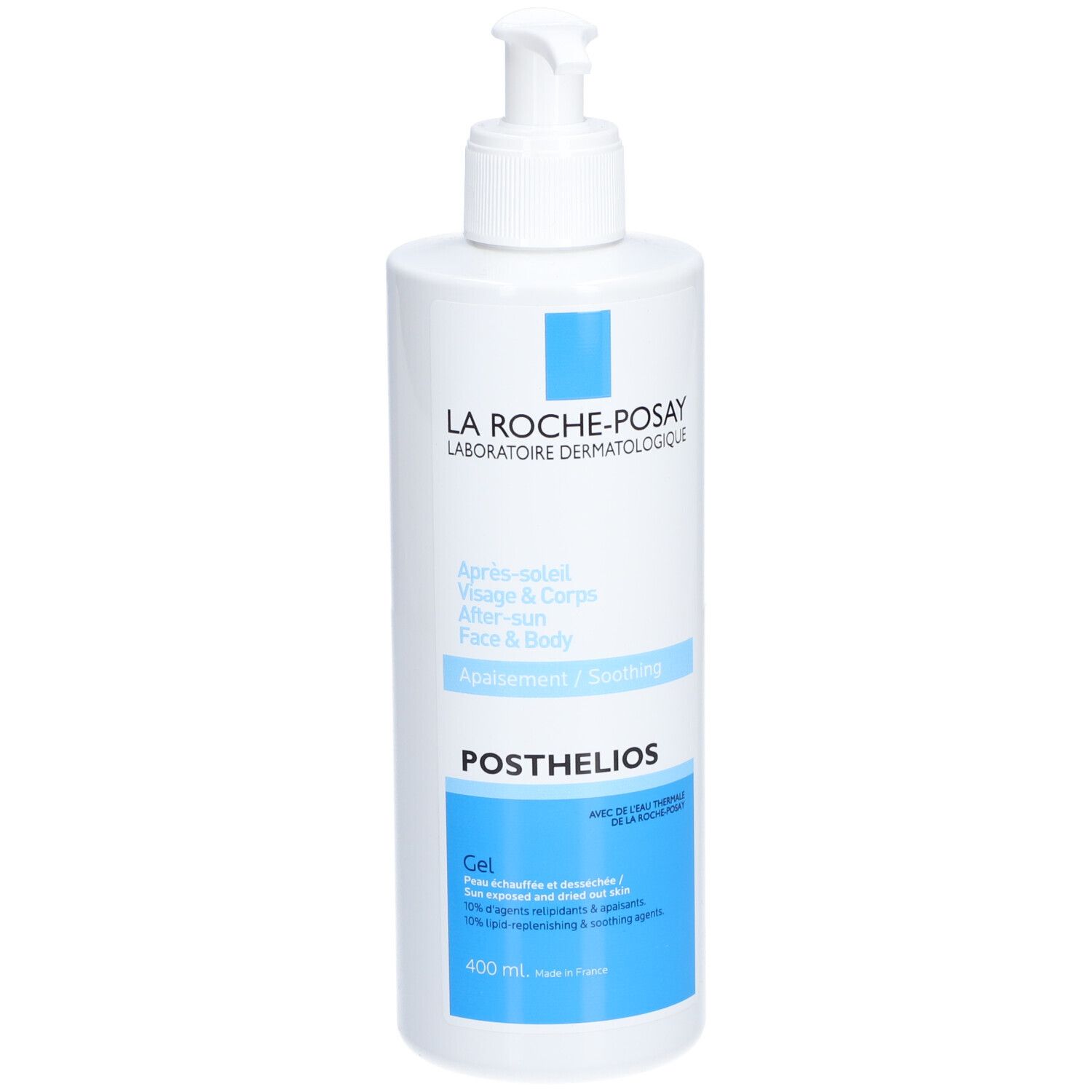 La Roche-Posay Posthelios Gel. Witte fles met pomp. Blauwe accenten. Tekst: Après-soleil, Posthelios Gel.