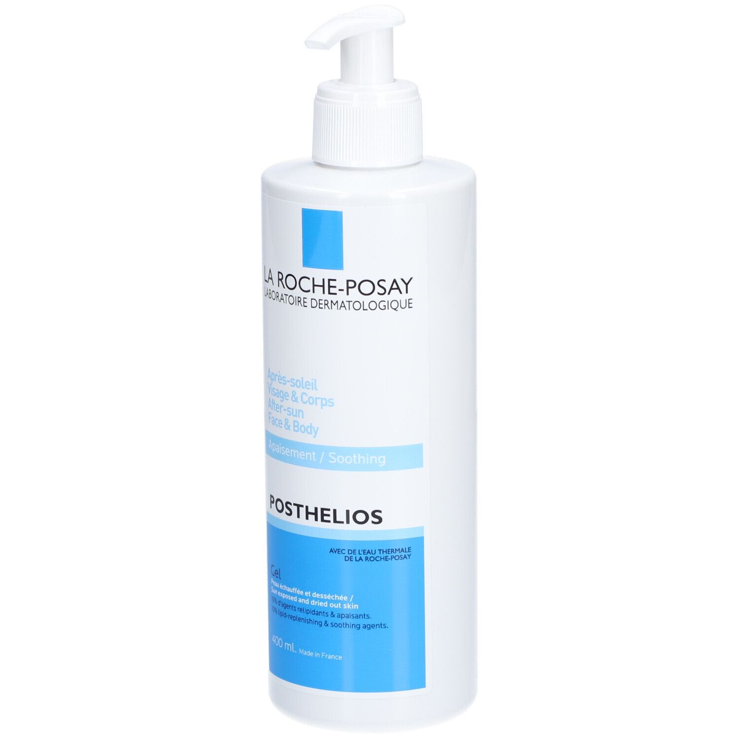 La Roche-Posay Posthelios Gel. Witte fles met pomp. Blauwe accenten. Tekst: Après-soleil, Posthelios Gel.