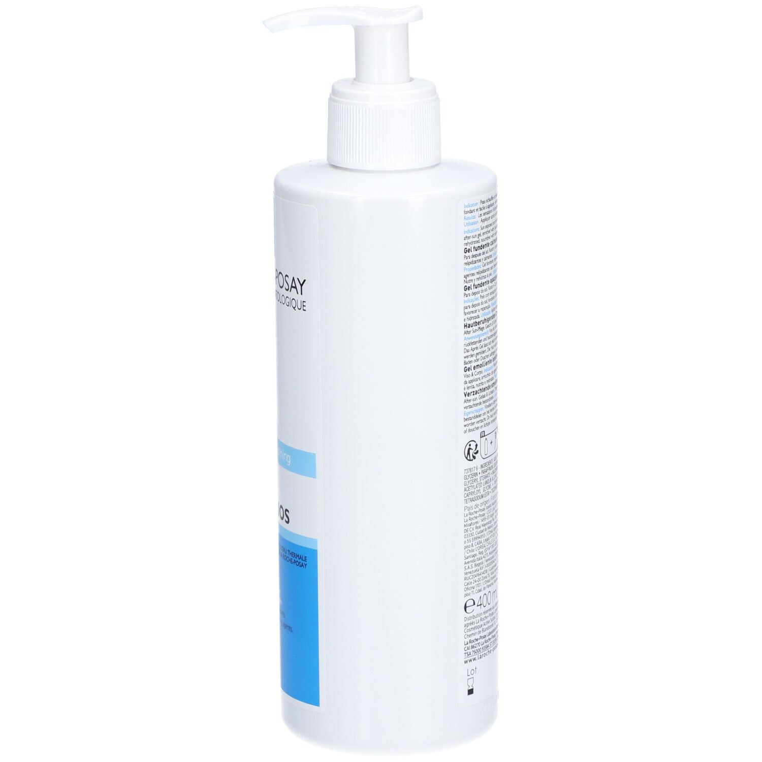 Achterkant van de La Roche-Posay Posthelios gel fles. Meertalige tekst.