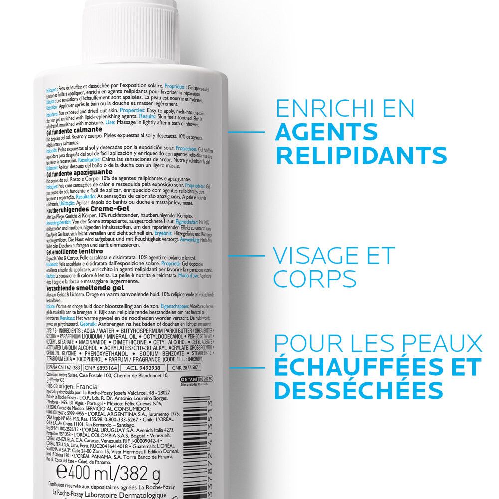 Dos du flacon de gel La Roche-Posay Posthelios. Texte et annotations. 10% agents relipidants. Visage & Corps.