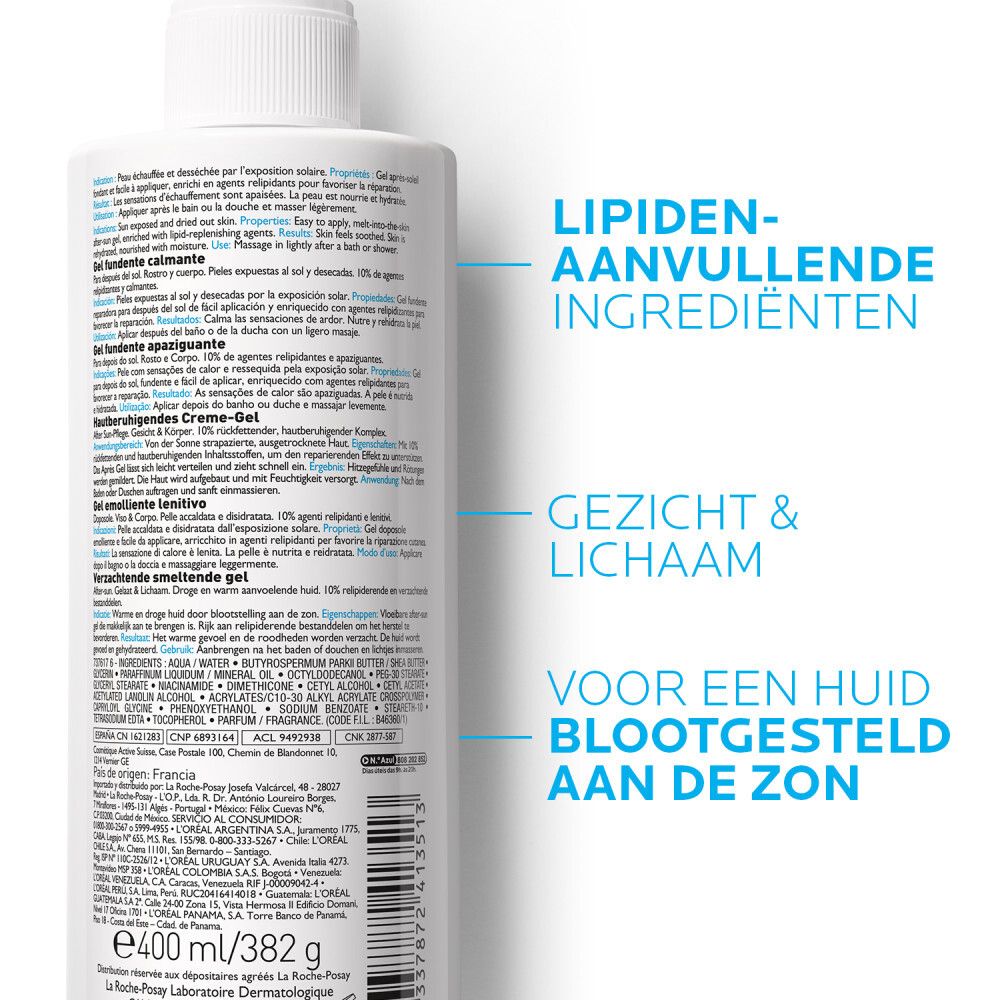 Achterkant La Roche-Posay Posthelios gel fles. Tekst en annotaties. 10% relipiderende ingrediënten. Gezicht & Lichaam.