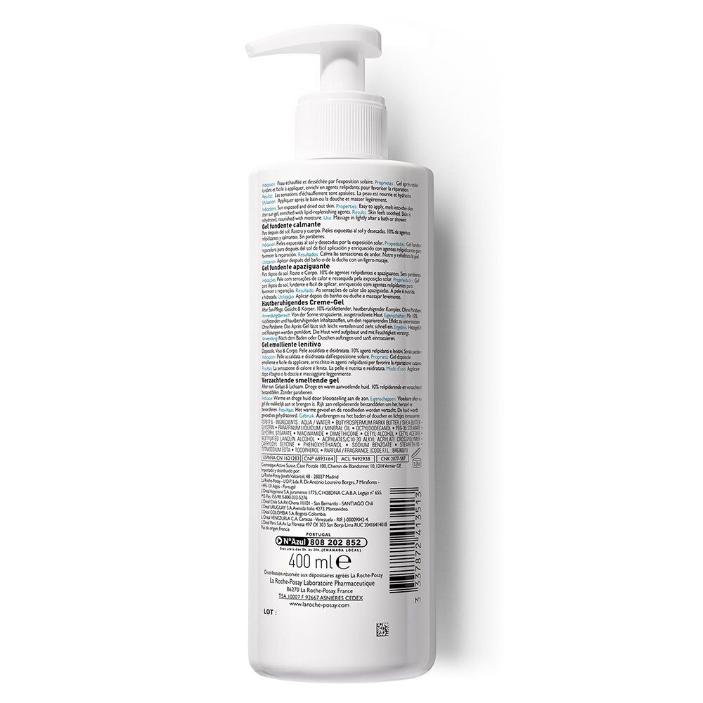 Achterkant van de La Roche-Posay Posthelios gel fles. Meertalige tekst. 400 ml. Streepjescode.