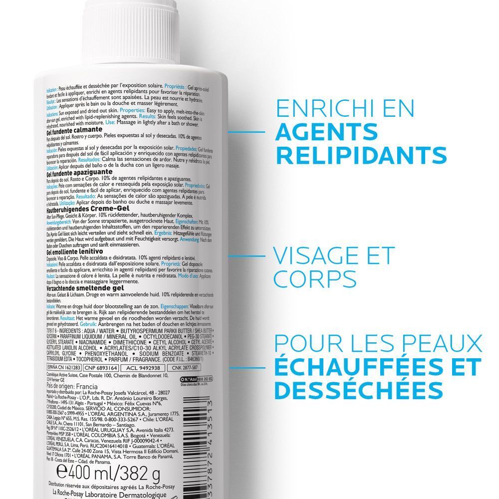 Dos du flacon de gel La Roche-Posay Posthelios. Texte et annotations. 10% agents relipidants. Visage & Corps.