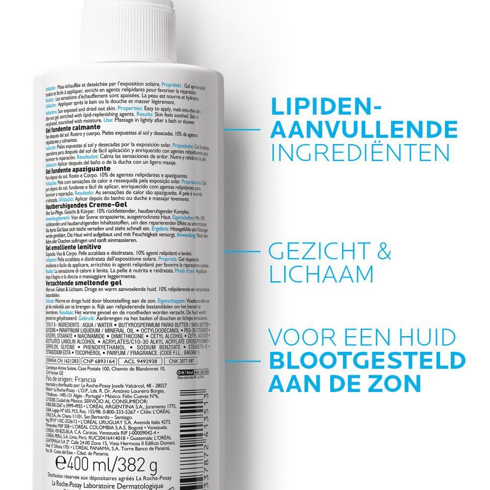 Achterkant La Roche-Posay Posthelios gel fles. Tekst en annotaties. 10% relipiderende ingrediënten. Gezicht & Lichaam.