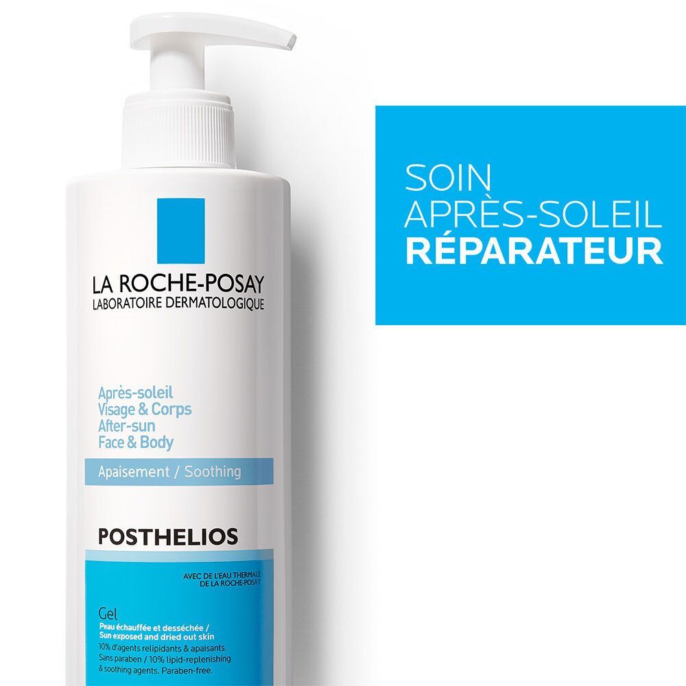 La Roche-Posay Posthelios Gel. Witte fles met pomp. Blauwe accenten. Tekst: Après-soleil, Soin réparateur.