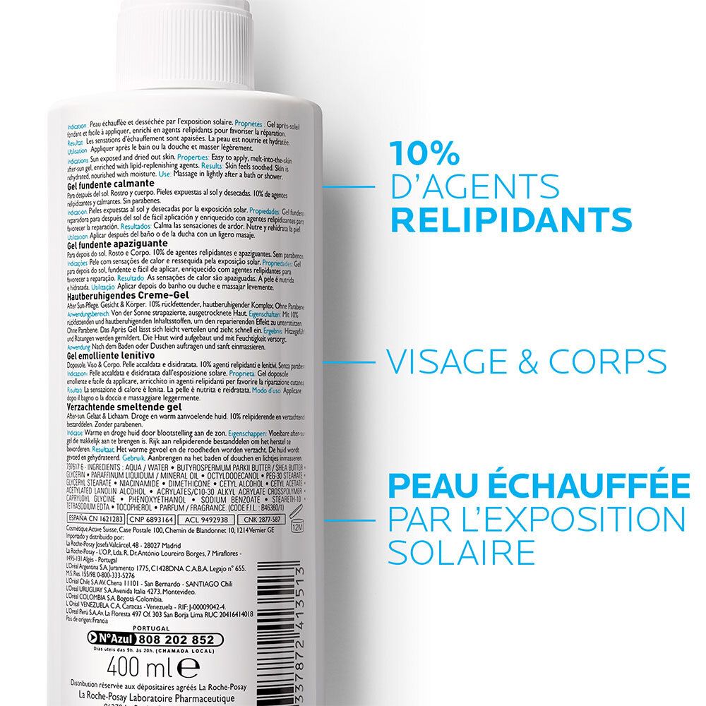 Achterkant La Roche-Posay Posthelios gel fles. Tekst en annotaties. 10% relipiderende ingrediënten. Gezicht & Lichaam.