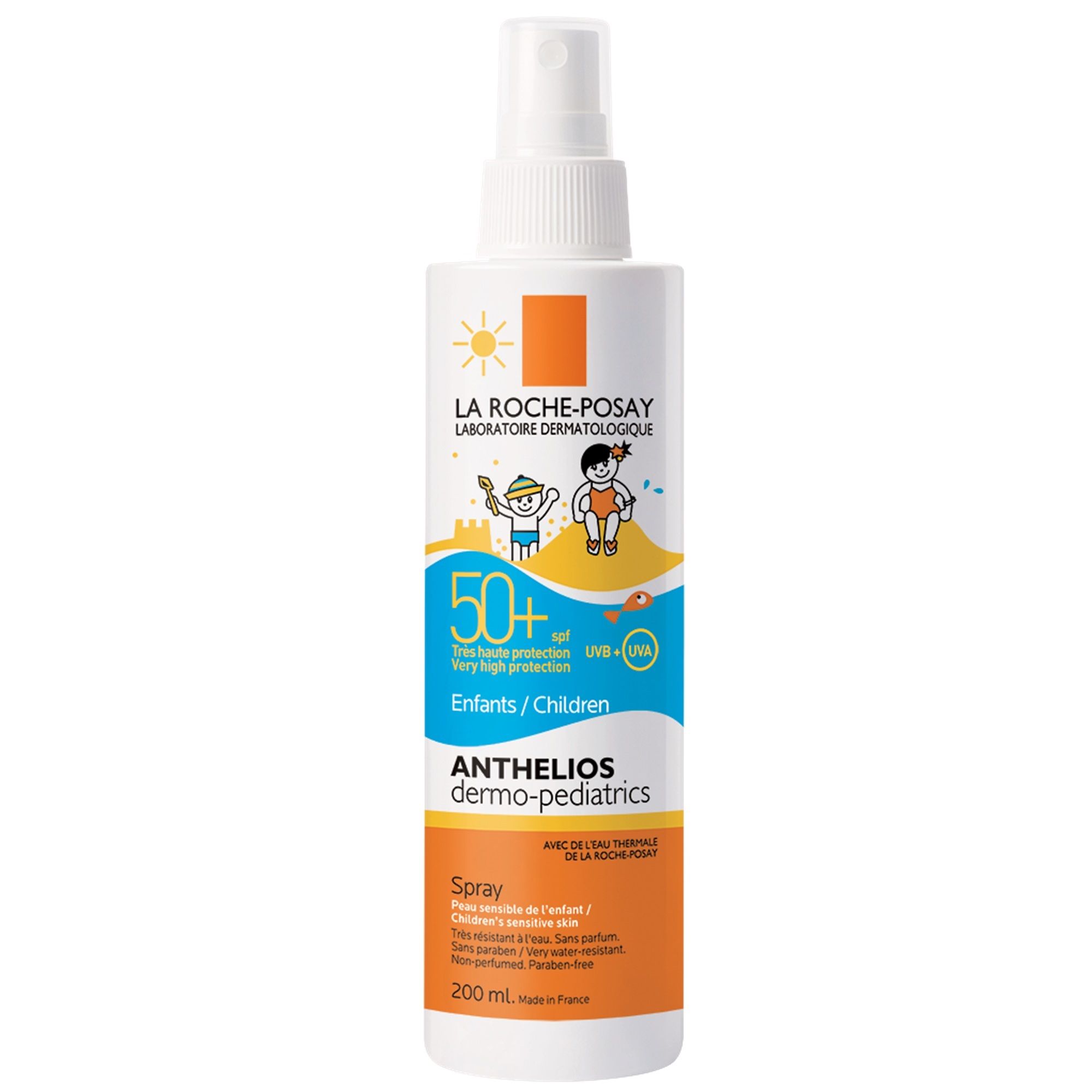 Witte spray van La Roche-Posay Anthelios Dermo-Kids. Met SPF 50+ en illustraties van kinderen op het strand. 200 ml.