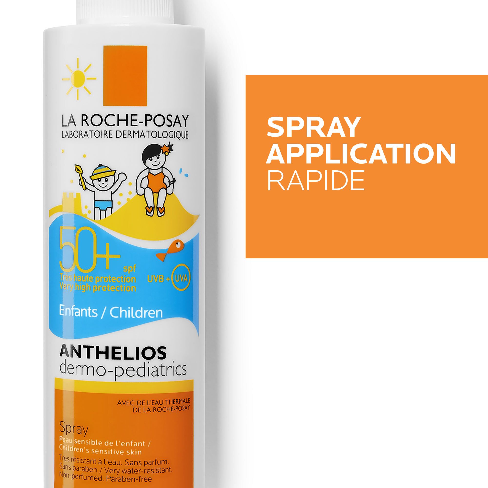 Close-up van de La Roche-Posay Anthelios Dermo-Kids spray. SPF 50+ en tekst: Enfants/Children. Oranje gedeelte met tekst.