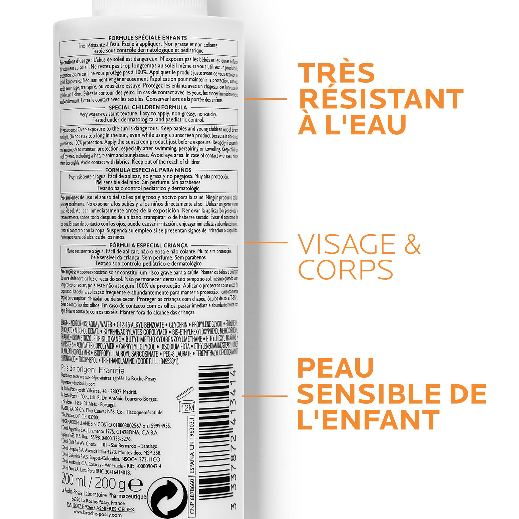 Achterkant van de La Roche-Posay Anthelios Dermo-Kids spray. Meertalige tekst. 200 ml. Zeer waterbestendig.