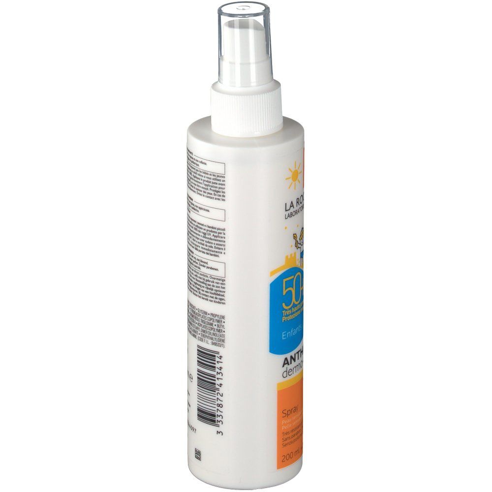 La Roche-Posay Anthelios Dermo-Kids spray, zijaanzicht. Witte spray met sproeikop. Tekst en logo zichtbaar.