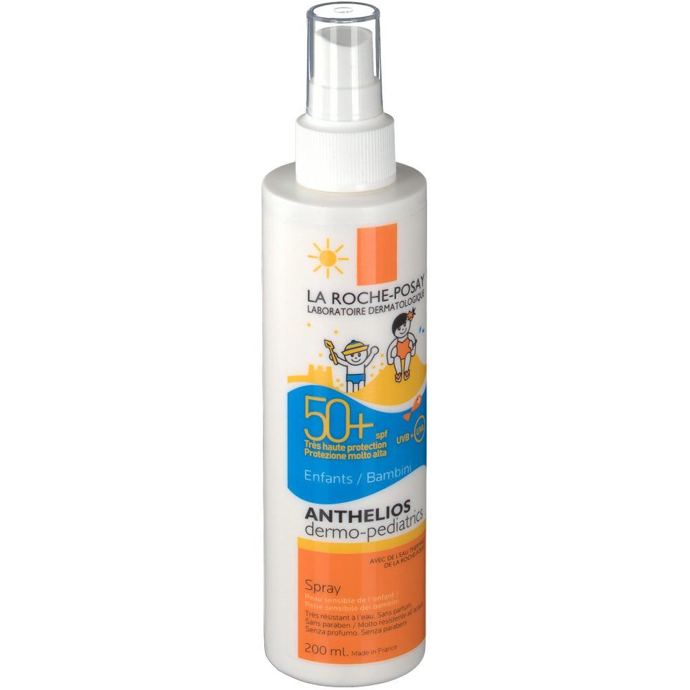 La Roche-Posay Anthelios Dermo-Kids spray. Witte spray met SPF 50+ en illustraties. 200 ml.
